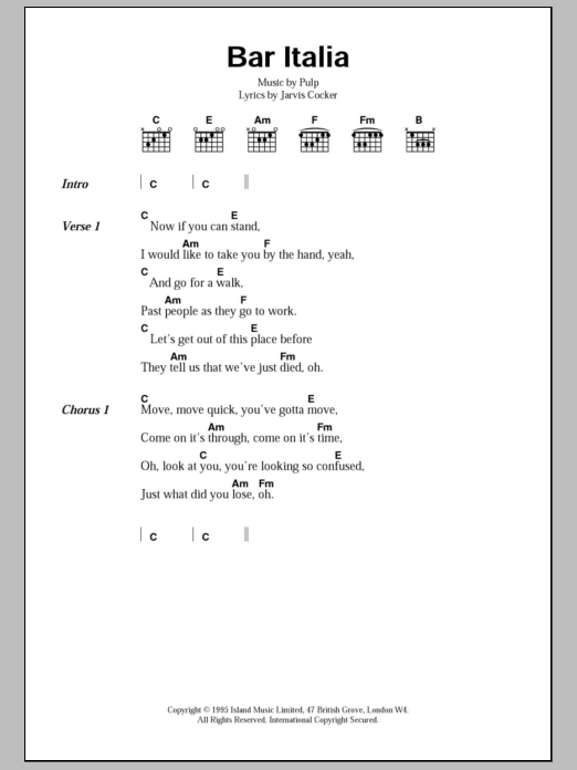 Pulp Bar Italia Sheet Music Notes & Chords for Piano, Vocal & Guitar (Right-Hand Melody) - Download or Print PDF