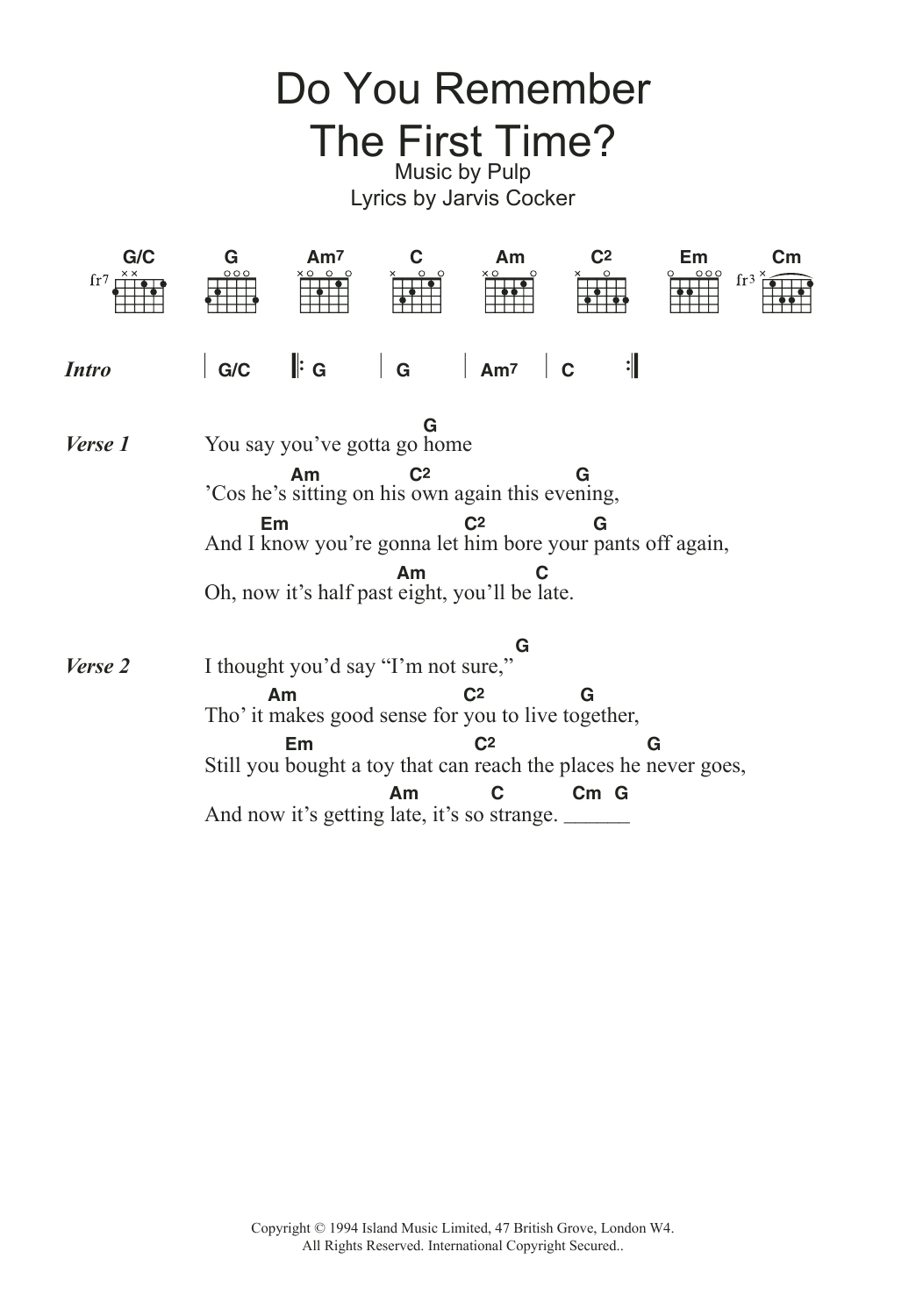 Pulp Do You Remember The First Time? Sheet Music Notes & Chords for Lyrics & Chords - Download or Print PDF