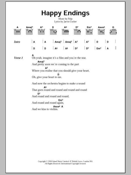 Pulp Happy Endings Sheet Music Notes & Chords for Lyrics & Chords - Download or Print PDF