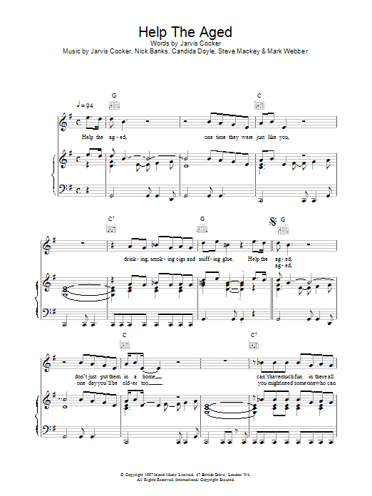 Pulp Help The Aged Sheet Music Notes & Chords for Piano, Vocal & Guitar (Right-Hand Melody) - Download or Print PDF