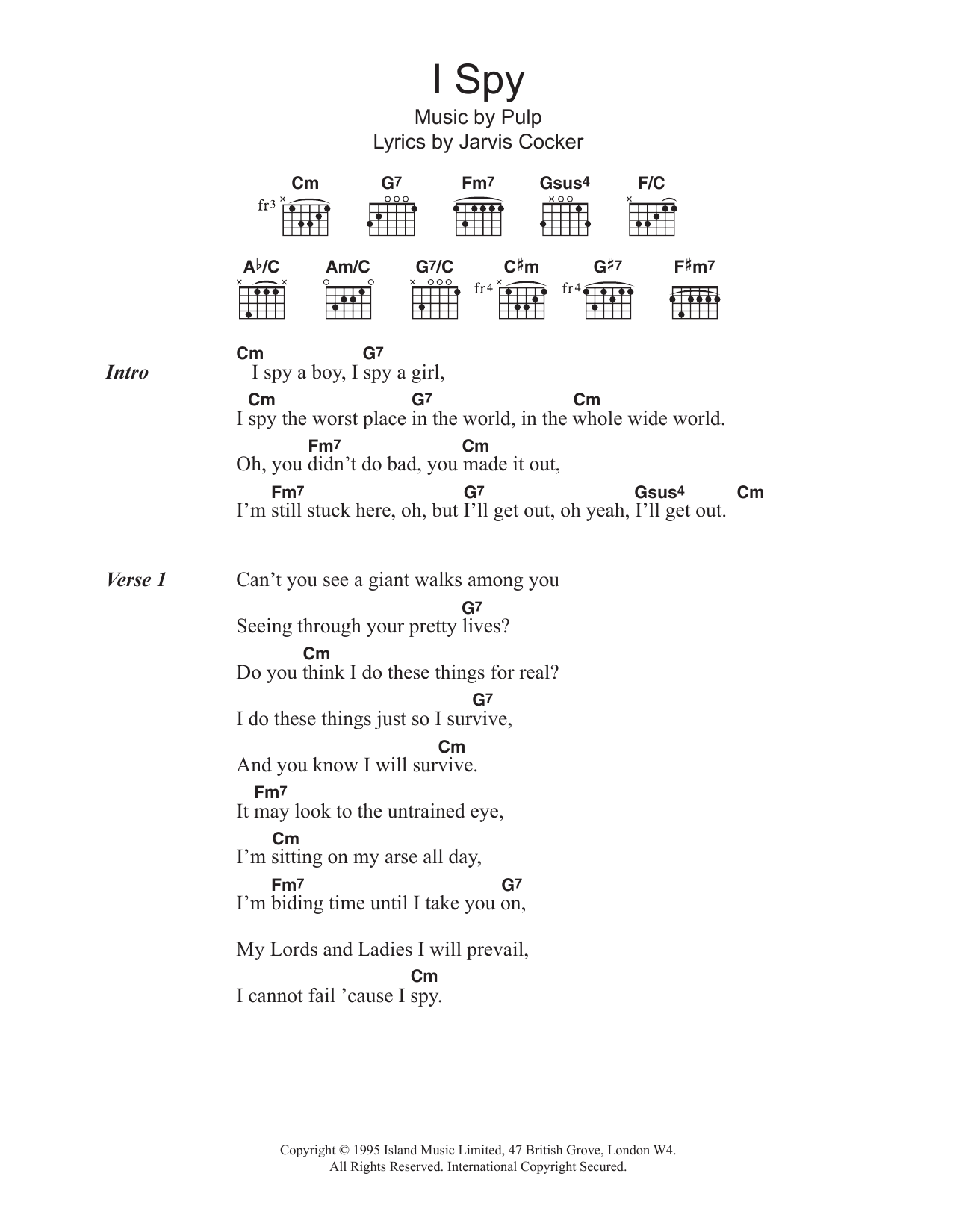 Pulp I Spy Sheet Music Notes & Chords for Lyrics & Chords - Download or Print PDF