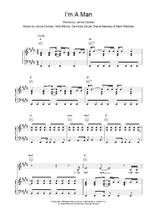 Pulp I'm A Man Sheet Music Notes & Chords for Piano, Vocal & Guitar - Download or Print PDF