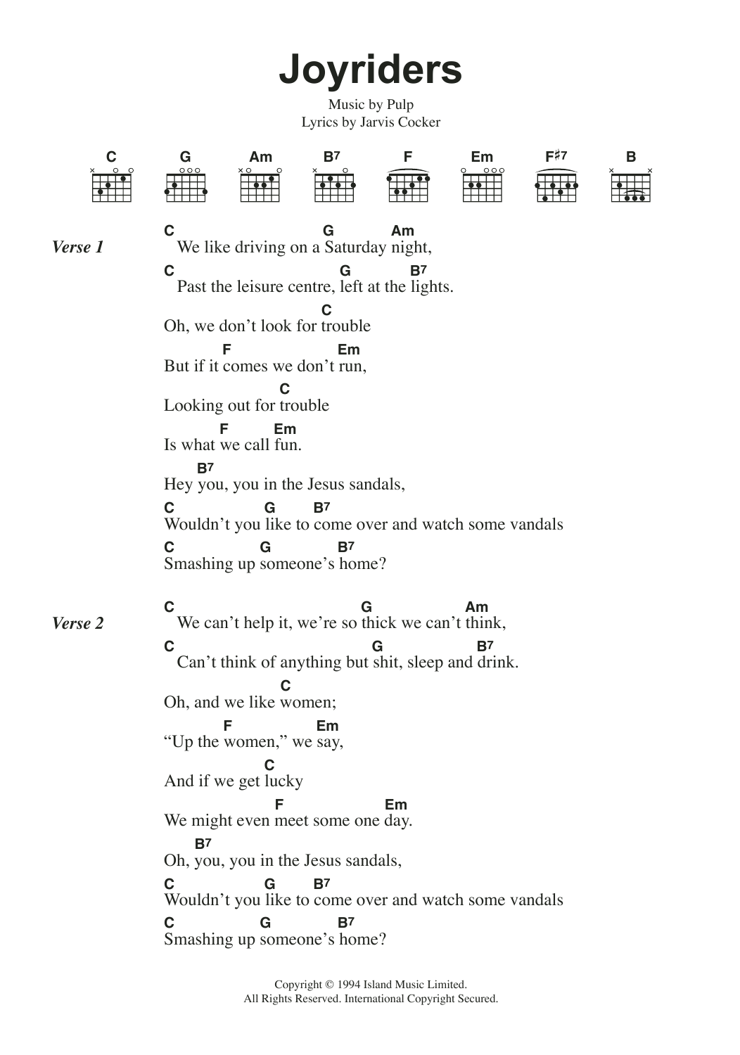 Pulp Joyriders Sheet Music Notes & Chords for Lyrics & Chords - Download or Print PDF