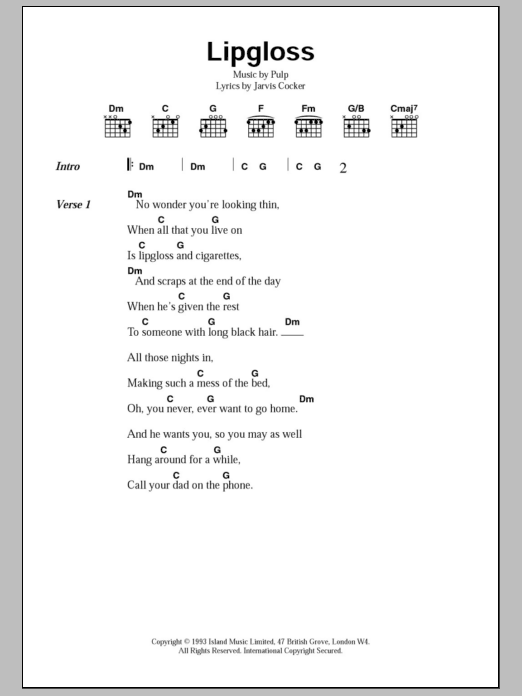 Pulp Lipgloss Sheet Music Notes & Chords for Lyrics & Chords - Download or Print PDF