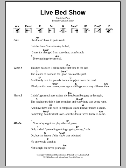 Pulp Live Bed Show Sheet Music Notes & Chords for Lyrics & Chords - Download or Print PDF