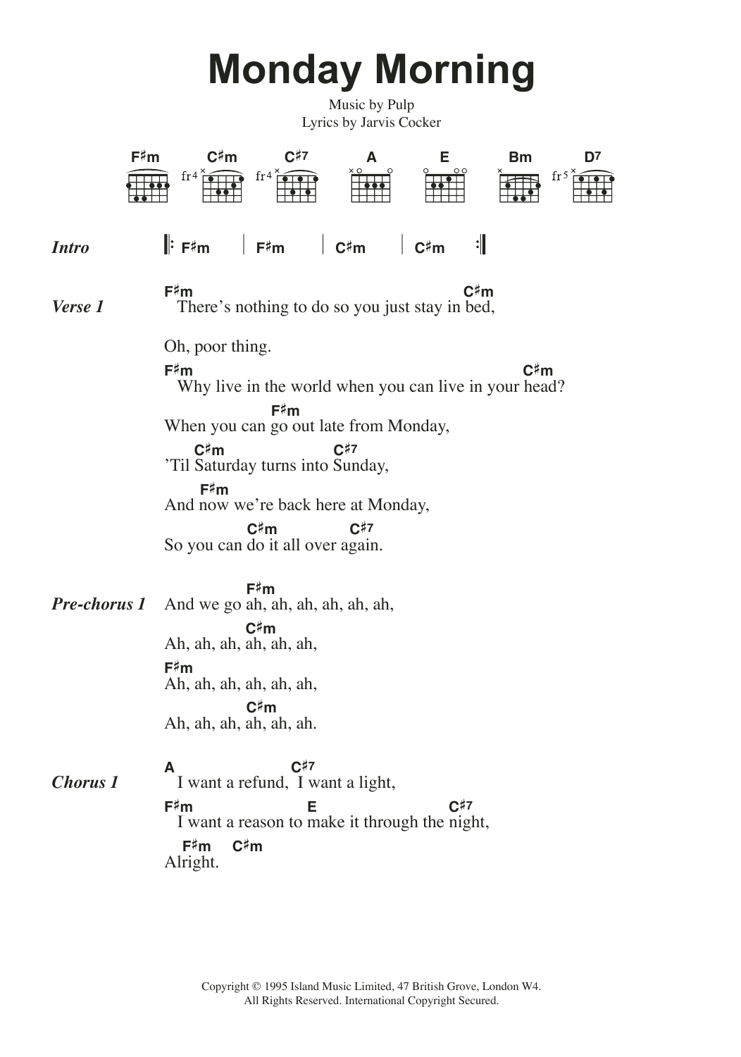 Pulp Monday Morning Sheet Music Notes & Chords for Lyrics & Chords - Download or Print PDF