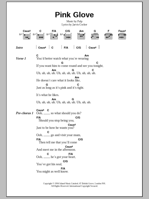 Pulp Pink Glove Sheet Music Notes & Chords for Lyrics & Chords - Download or Print PDF