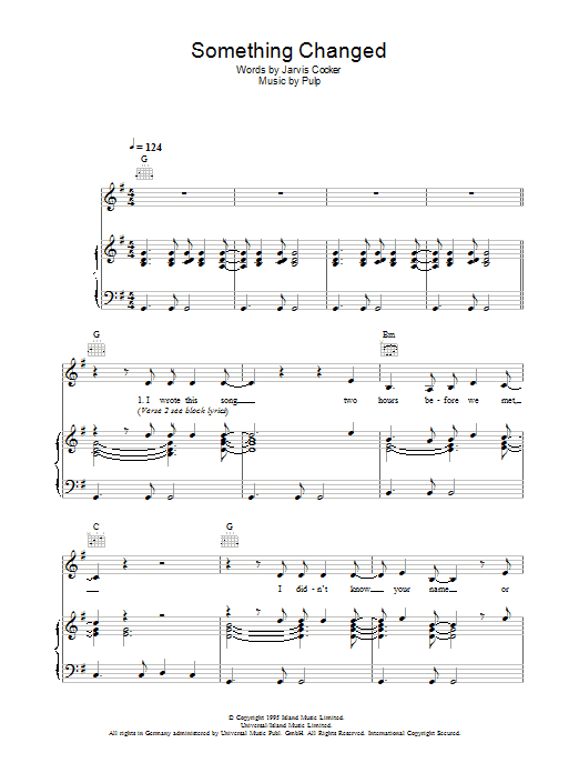 Pulp Something Changed Sheet Music Notes & Chords for Lyrics & Chords - Download or Print PDF