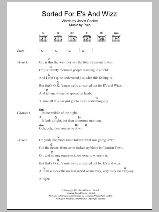 Pulp Sorted For E's And Wizz Sheet Music Notes & Chords for Piano, Vocal & Guitar (Right-Hand Melody) - Download or Print PDF