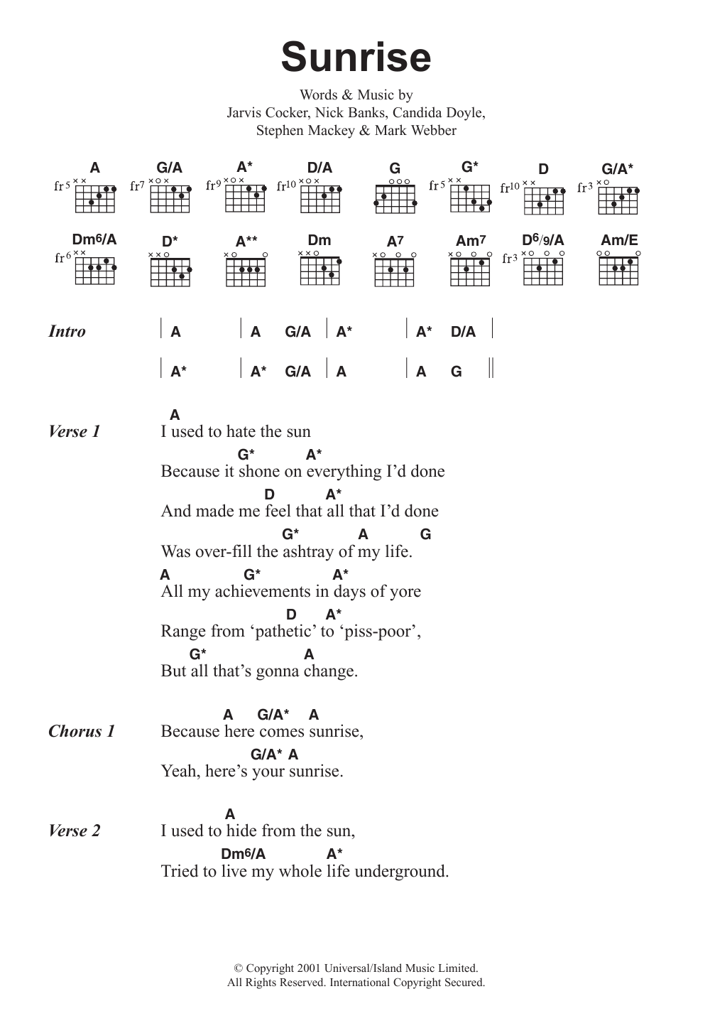 Pulp Sunrise Sheet Music Notes & Chords for Lyrics & Chords - Download or Print PDF