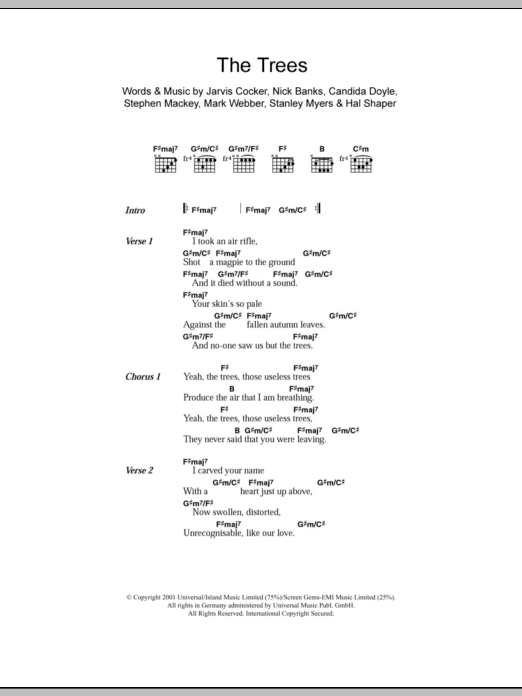 Pulp The Trees Sheet Music Notes & Chords for Lyrics & Chords - Download or Print PDF