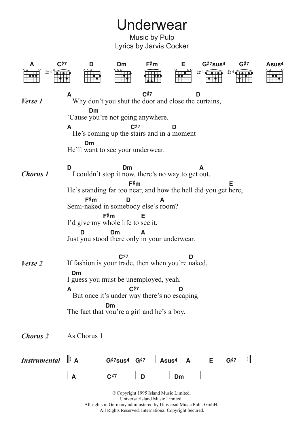 Pulp Underwear Sheet Music Notes & Chords for Lyrics & Chords - Download or Print PDF