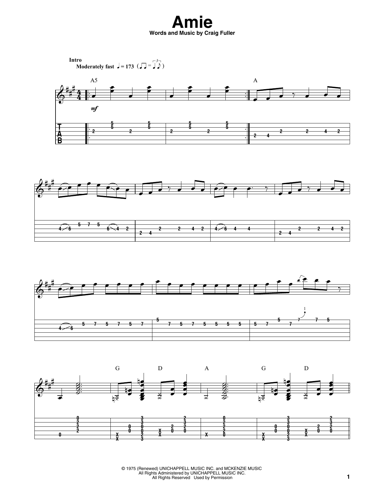 Pure Prairie League Amie Sheet Music Notes & Chords for Easy Guitar - Download or Print PDF