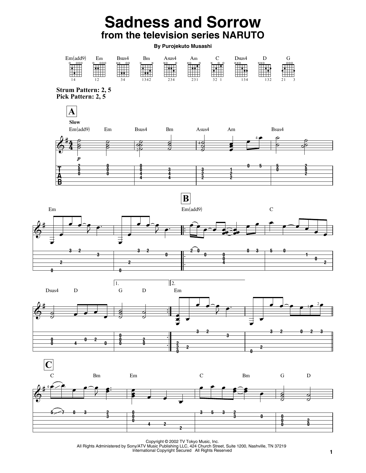 Purojekuto Musashi Sadness And Sorrow (from Naruto) Sheet Music Notes & Chords for Easy Guitar Tab - Download or Print PDF