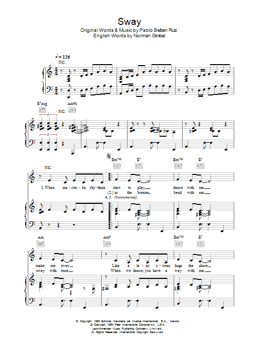 Pussycat Dolls Sway (Quien Sera) Sheet Music Notes & Chords for Piano, Vocal & Guitar (Right-Hand Melody) - Download or Print PDF