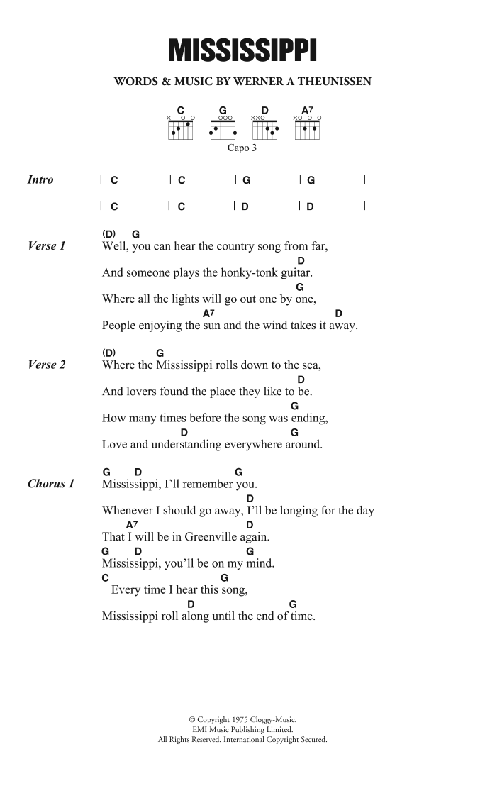 Pussycat Mississippi Sheet Music Notes & Chords for Lyrics & Chords - Download or Print PDF