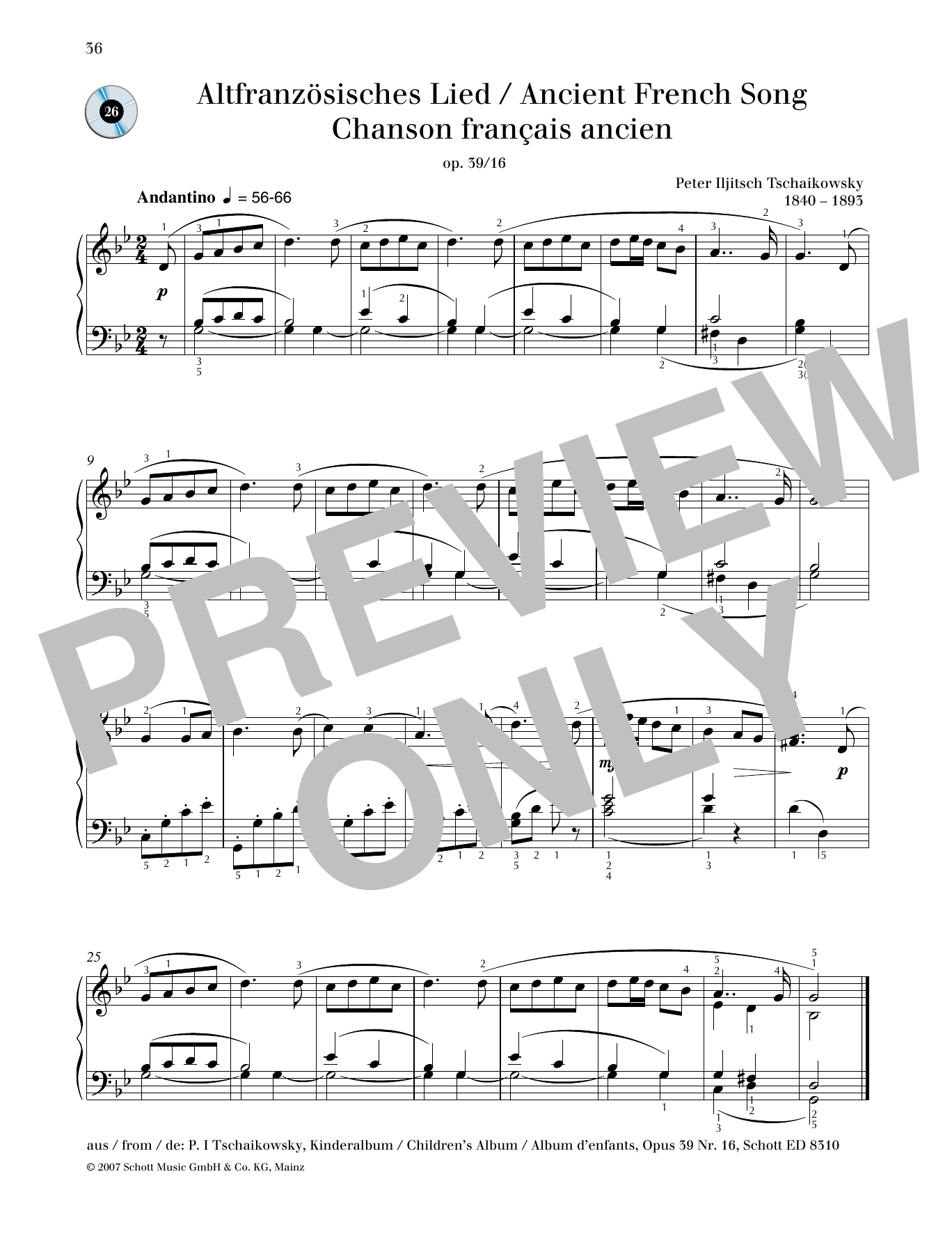 Pyotr Il'yich Tchaikovsky Ancient French Song Sheet Music Notes & Chords for Piano Solo - Download or Print PDF