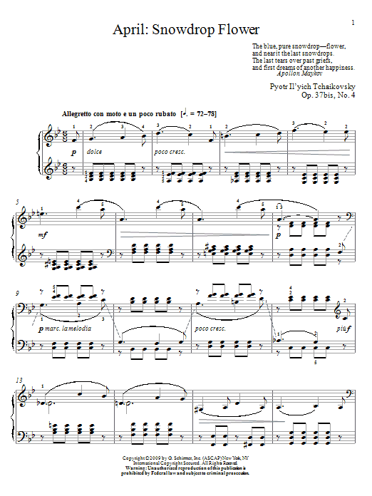 Pyotr Il'yich Tchaikovsky April: Snowdrop Flower Sheet Music Notes & Chords for Piano - Download or Print PDF