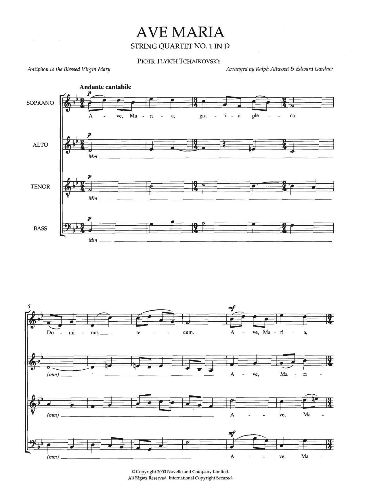 Pyotr Il'yich Tchaikovsky Ave Maria (String Quartet No.1 In D) (arr. Ralph Allwood and Edward Gardner) Sheet Music Notes & Chords for Choir - Download or Print PDF
