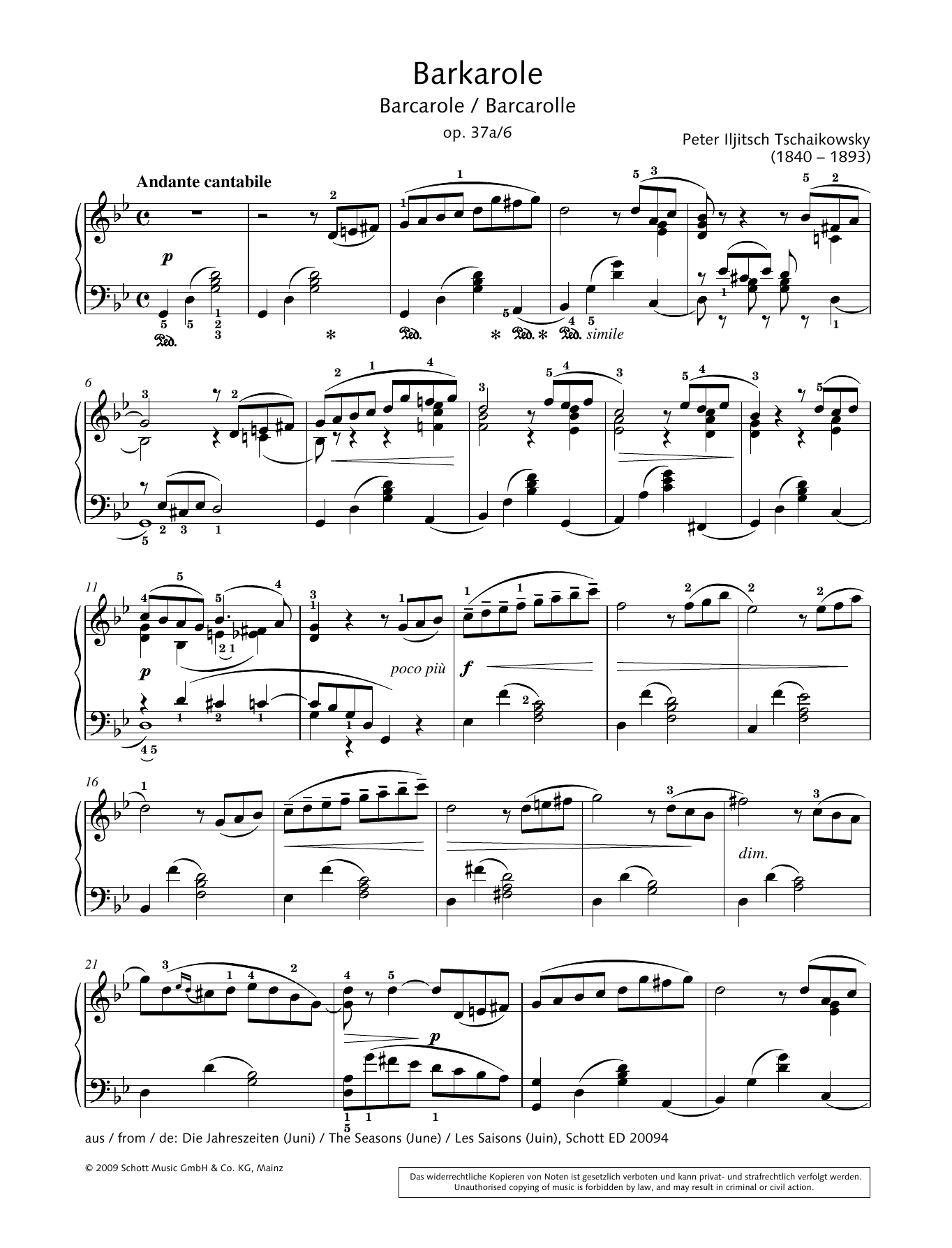 Pyotr Il'yich Tchaikovsky Barcarole Sheet Music Notes & Chords for Piano Solo - Download or Print PDF