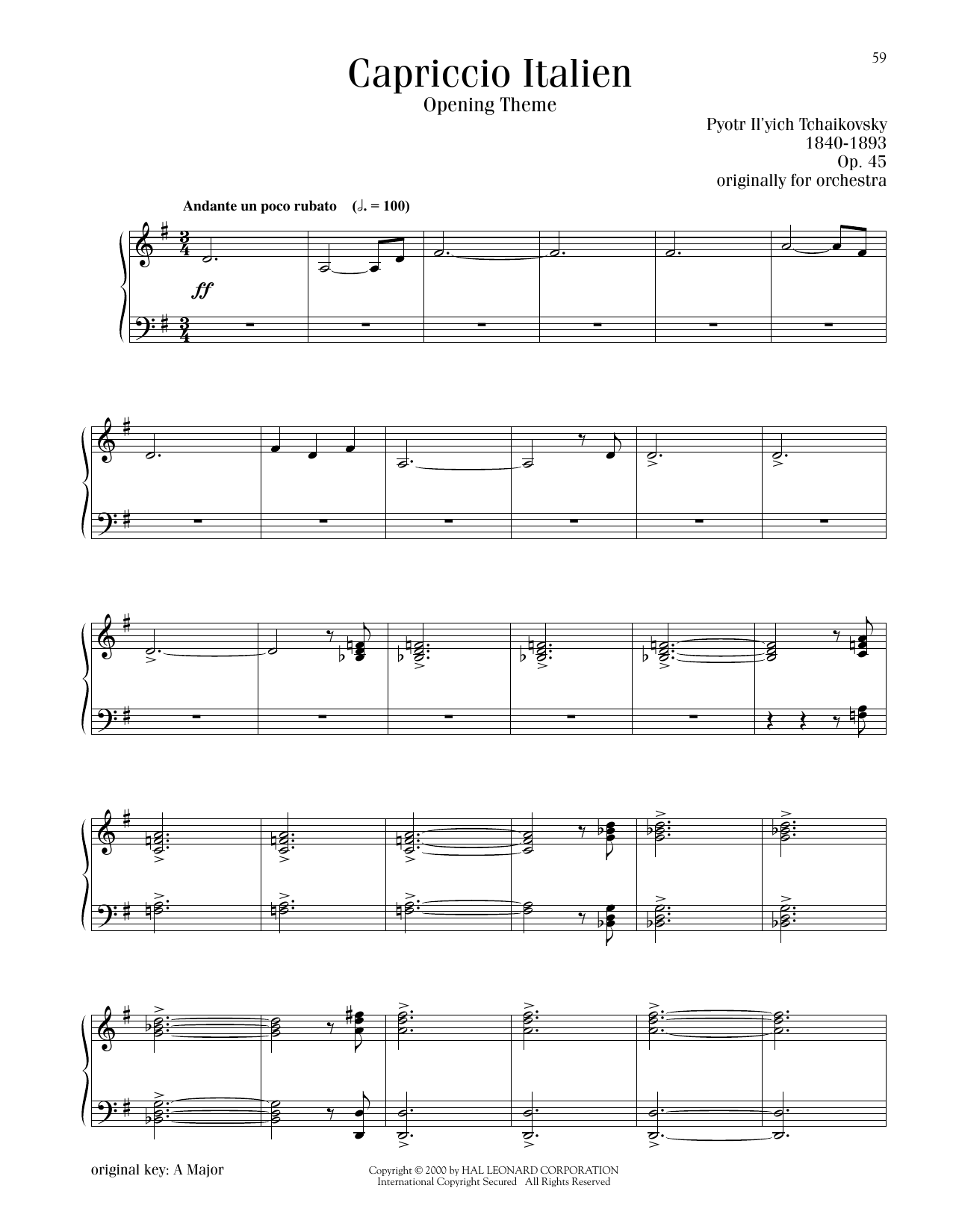 Pyotr Il'yich Tchaikovsky Capriccio Italien, OP. 45 Sheet Music Notes & Chords for Piano Solo - Download or Print PDF