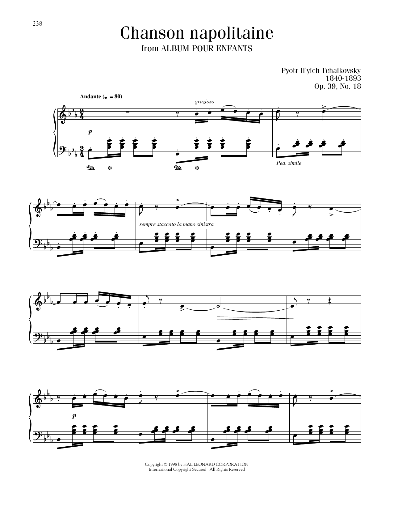 Pyotr Il'yich Tchaikovsky Chanson Napolitaine Sheet Music Notes & Chords for Piano Solo - Download or Print PDF