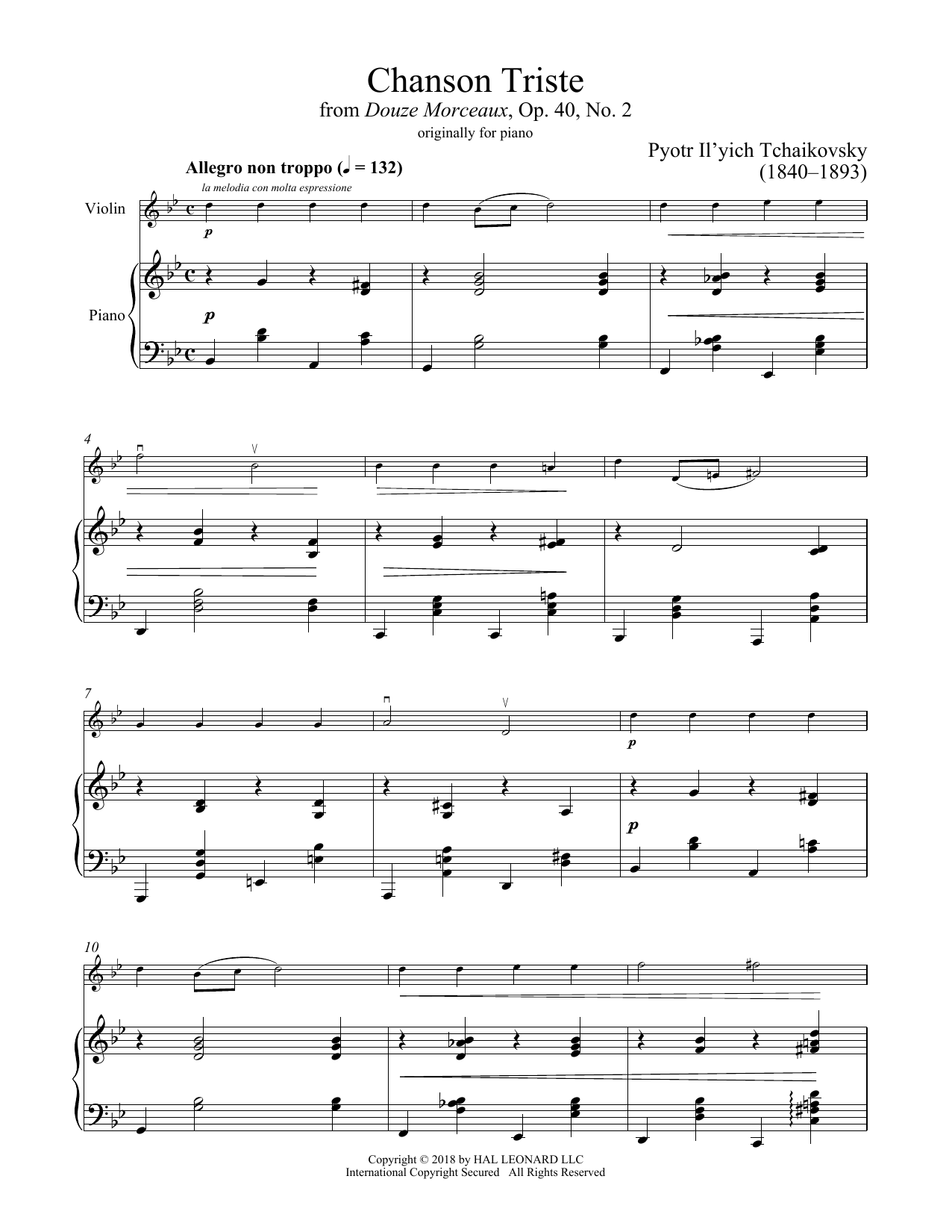 Pyotr Il'yich Tchaikovsky Chanson Triste, Op. 40, No. 2 Sheet Music Notes & Chords for Piano Solo - Download or Print PDF