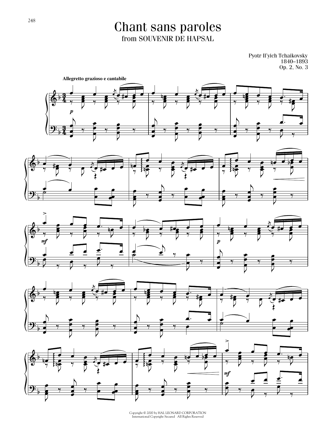 Pyotr Il'yich Tchaikovsky Chant Sans Paroles, Op. 2, No. 3 Sheet Music Notes & Chords for Piano Solo - Download or Print PDF