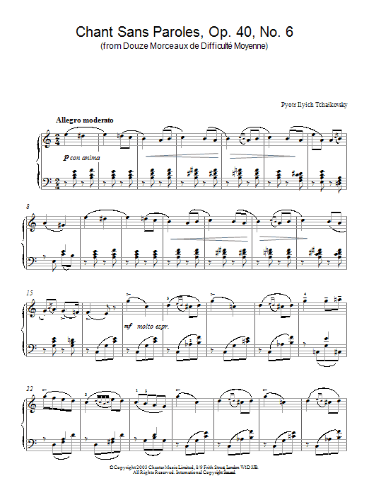 Pyotr Il'yich Tchaikovsky Chant Sans Paroles, Op. 40, No. 6 (from Douze Morceaux de Difficult Moyenne) Sheet Music Notes & Chords for Piano - Download or Print PDF