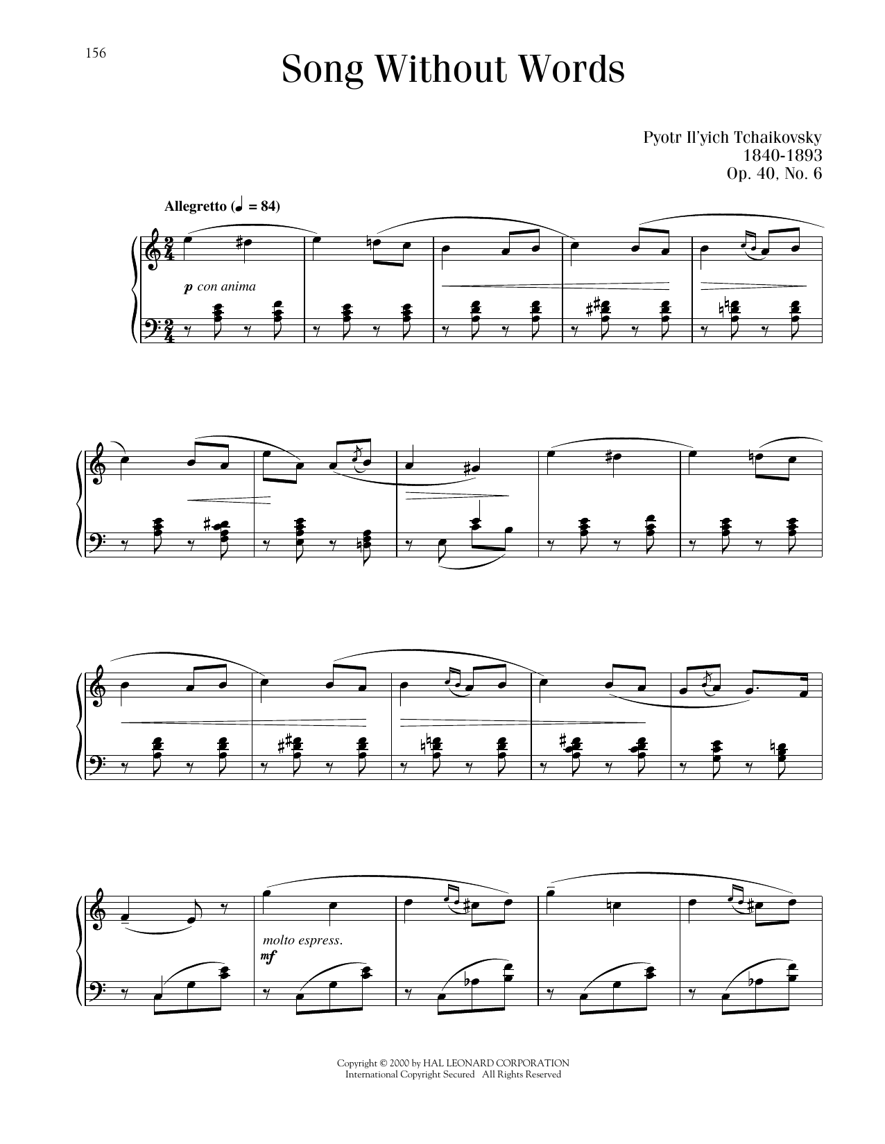 Pyotr Il'yich Tchaikovsky Chant Sans Paroles, Op. 40, No. 6 Sheet Music Notes & Chords for Piano Solo - Download or Print PDF