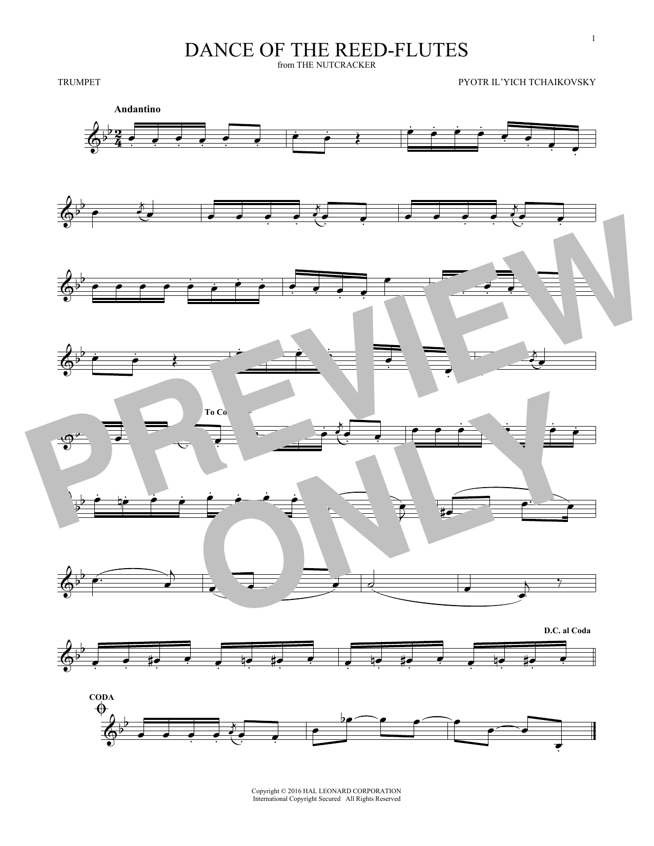Pyotr Il'yich Tchaikovsky Dance Of The Reed Flutes, Op. 71a Sheet Music Notes & Chords for Trumpet - Download or Print PDF