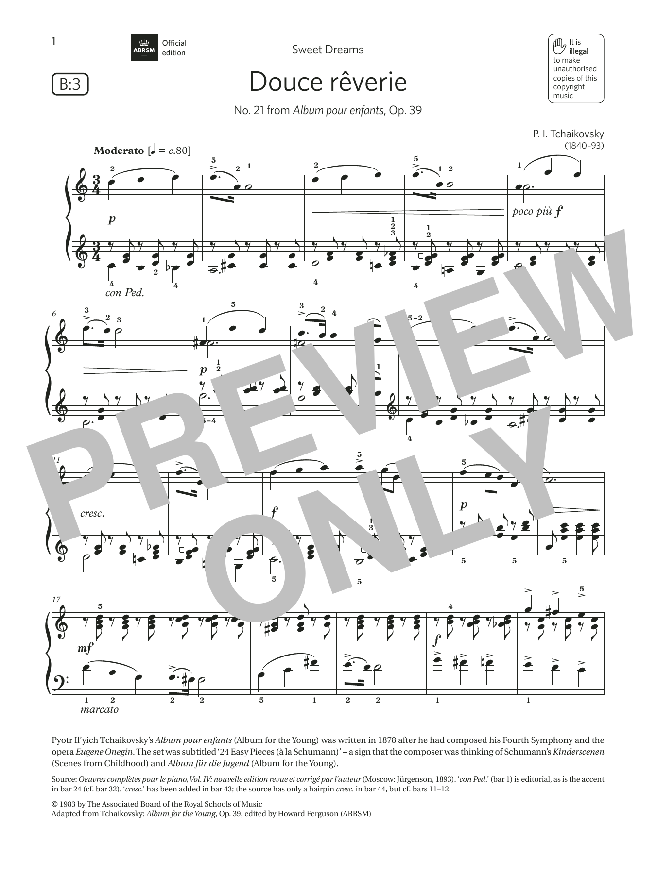 Pyotr Il'yich Tchaikovsky Douce rêverie (Grade 5, list B3, from the ABRSM Piano Syllabus 2021 & 2022) Sheet Music Notes & Chords for Piano Solo - Download or Print PDF