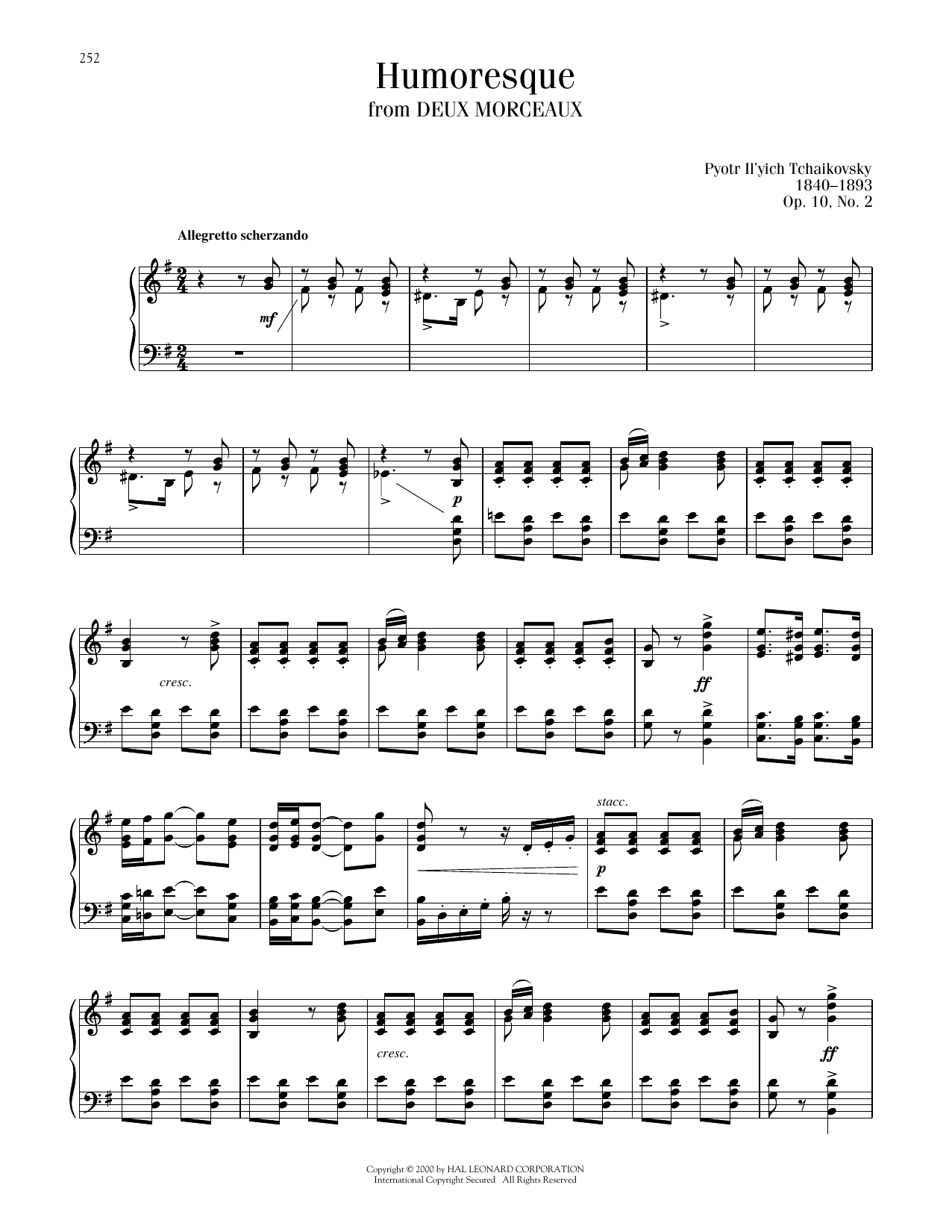 Pyotr Il'yich Tchaikovsky Humoresque, Op. 10, No. 2 Sheet Music Notes & Chords for Piano Solo - Download or Print PDF