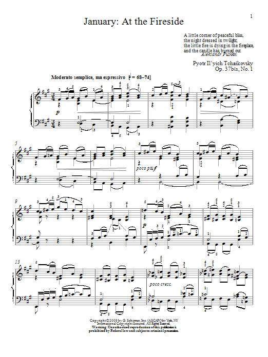 Pyotr Il'yich Tchaikovsky January: At The Fireside Sheet Music Notes & Chords for Piano - Download or Print PDF