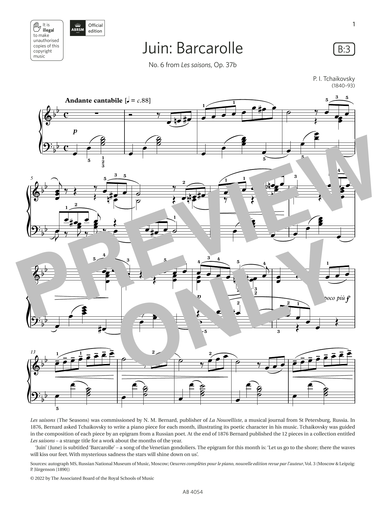 Pyotr Il'yich Tchaikovsky Juin: Barcarolle (Grade 8, list B3, from the ABRSM Piano Syllabus 2023 & 2024) Sheet Music Notes & Chords for Piano Solo - Download or Print PDF