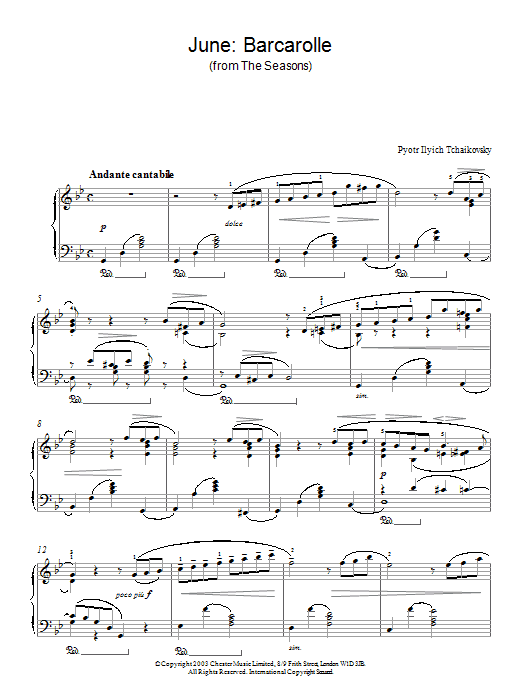 Pyotr Il'yich Tchaikovsky June: Barcarolle (from The Seasons) Sheet Music Notes & Chords for Piano - Download or Print PDF