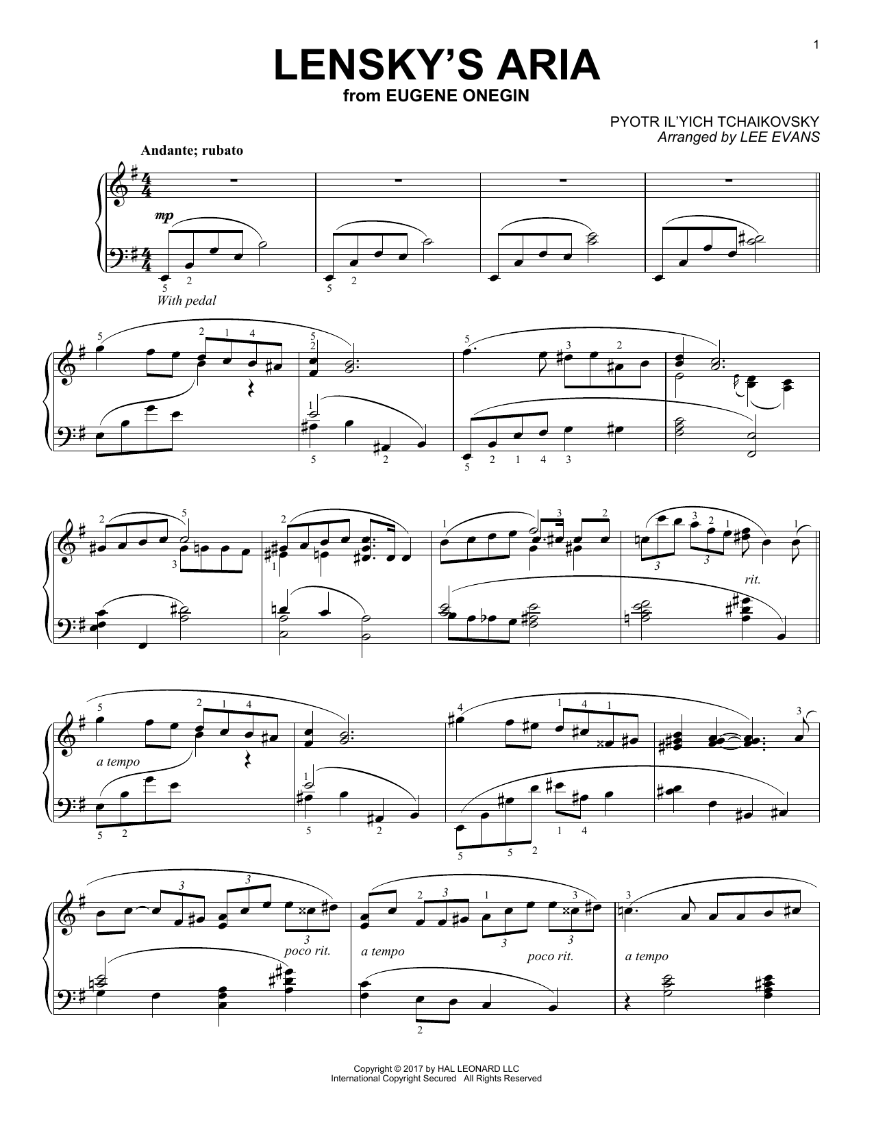 Lee Evans Lenski's Aria Sheet Music Notes & Chords for Piano - Download or Print PDF