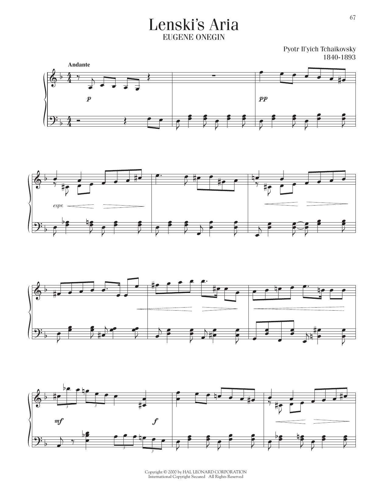 Pyotr Il'yich Tchaikovsky Lenski's Aria Sheet Music Notes & Chords for Piano Solo - Download or Print PDF