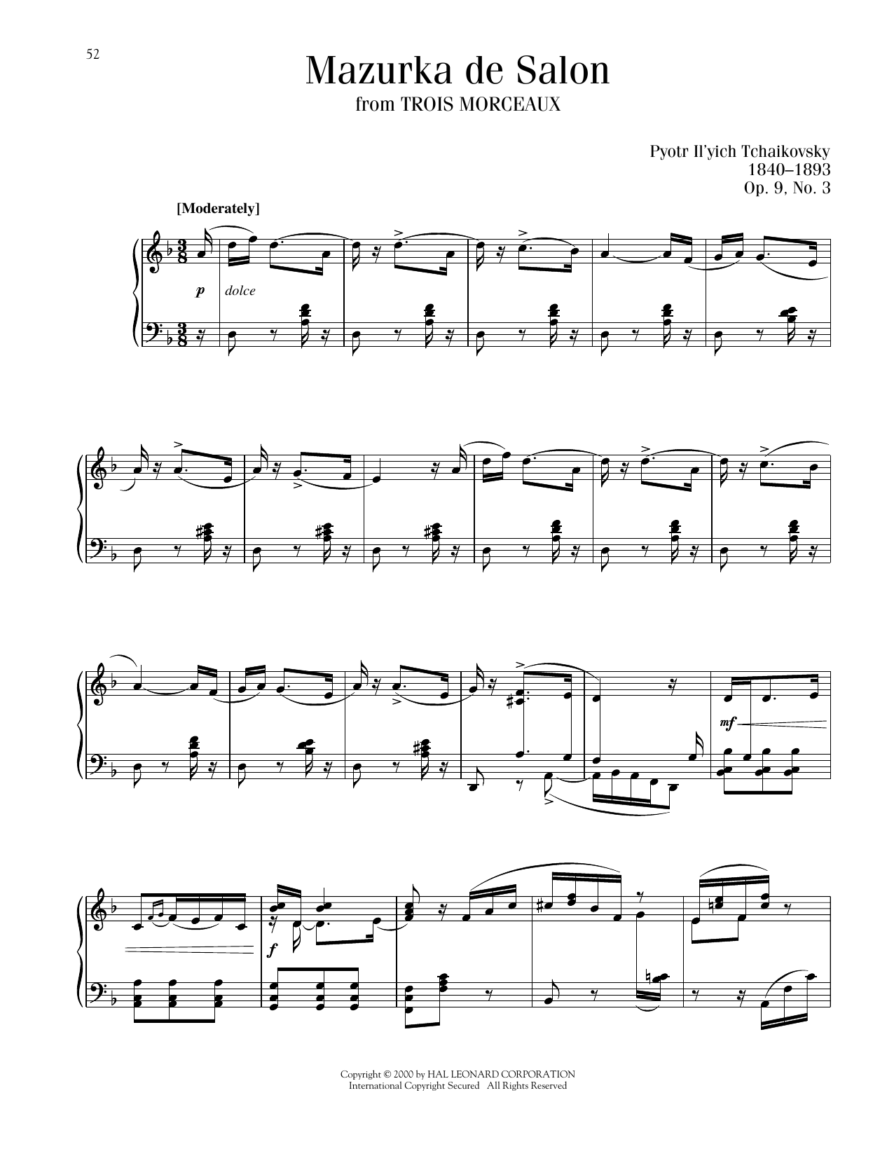Pyotr Il'yich Tchaikovsky Mazurka De Salon, Op. 9, No. 3 Sheet Music Notes & Chords for Piano Solo - Download or Print PDF