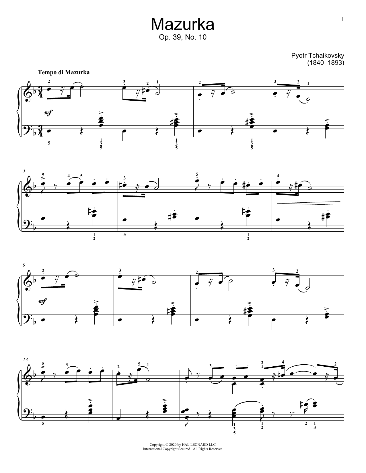 Pyotr Il'yich Tchaikovsky Mazurka In D Minor, Op. 39, No. 10 Sheet Music Notes & Chords for Educational Piano - Download or Print PDF