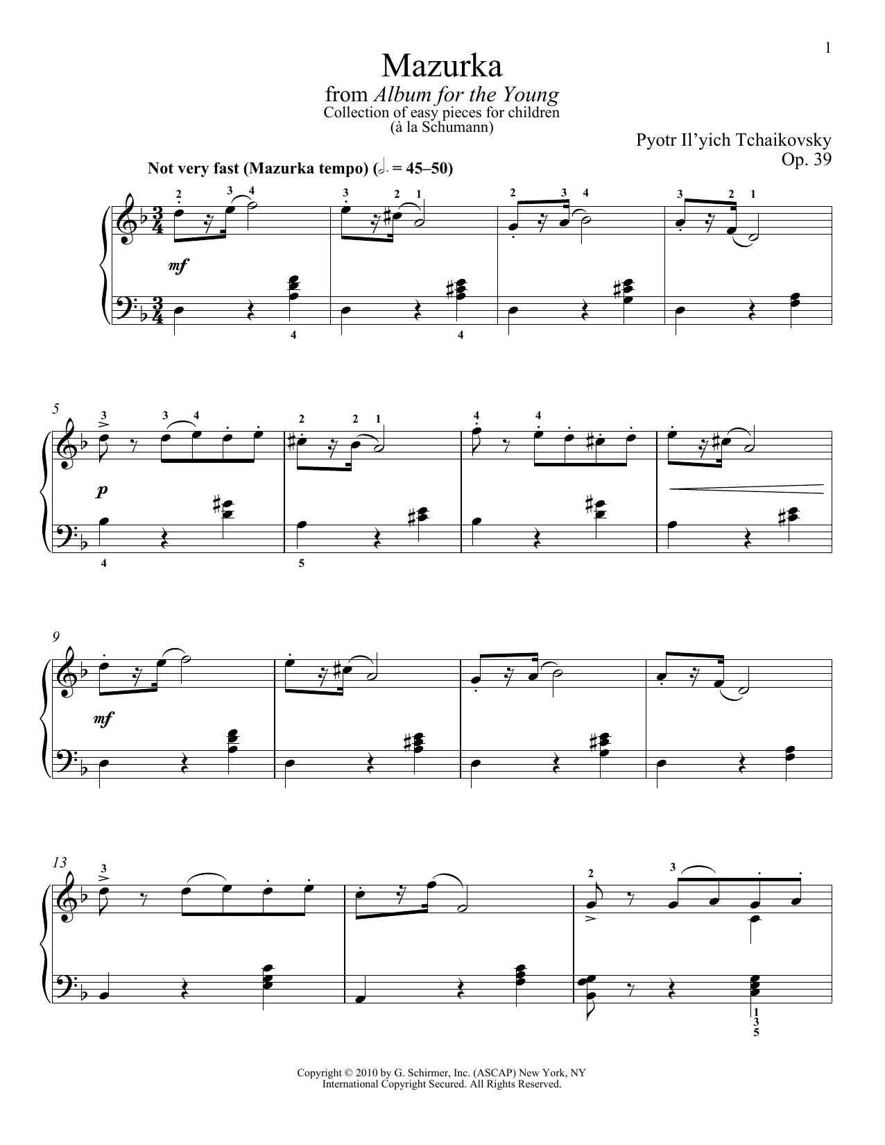 Pyotr Il'yich Tchaikovsky Mazurka Sheet Music Notes & Chords for Piano Solo - Download or Print PDF