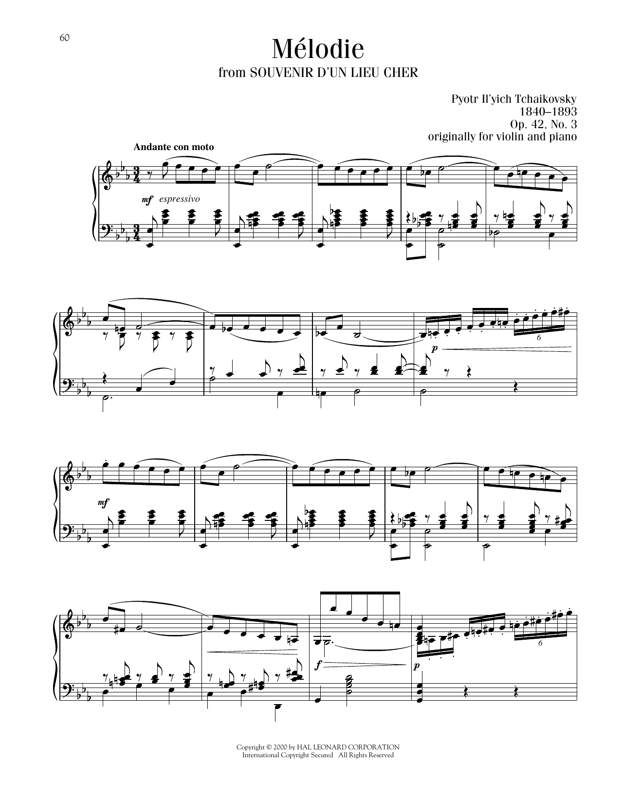 Pyotr Il'yich Tchaikovsky Melodie, Op. 42, No. 3 Sheet Music Notes & Chords for Piano Solo - Download or Print PDF