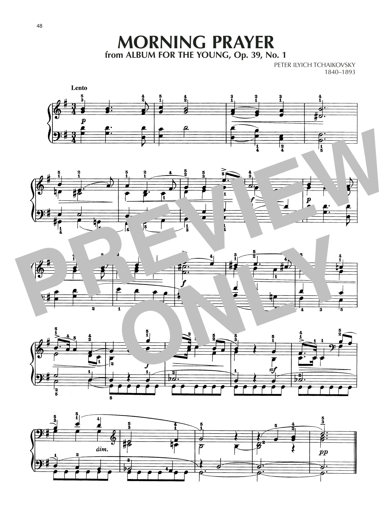 Pyotr Il'yich Tchaikovsky Morning Prayer, Op. 39, No. 1 Sheet Music Notes & Chords for Piano Solo - Download or Print PDF