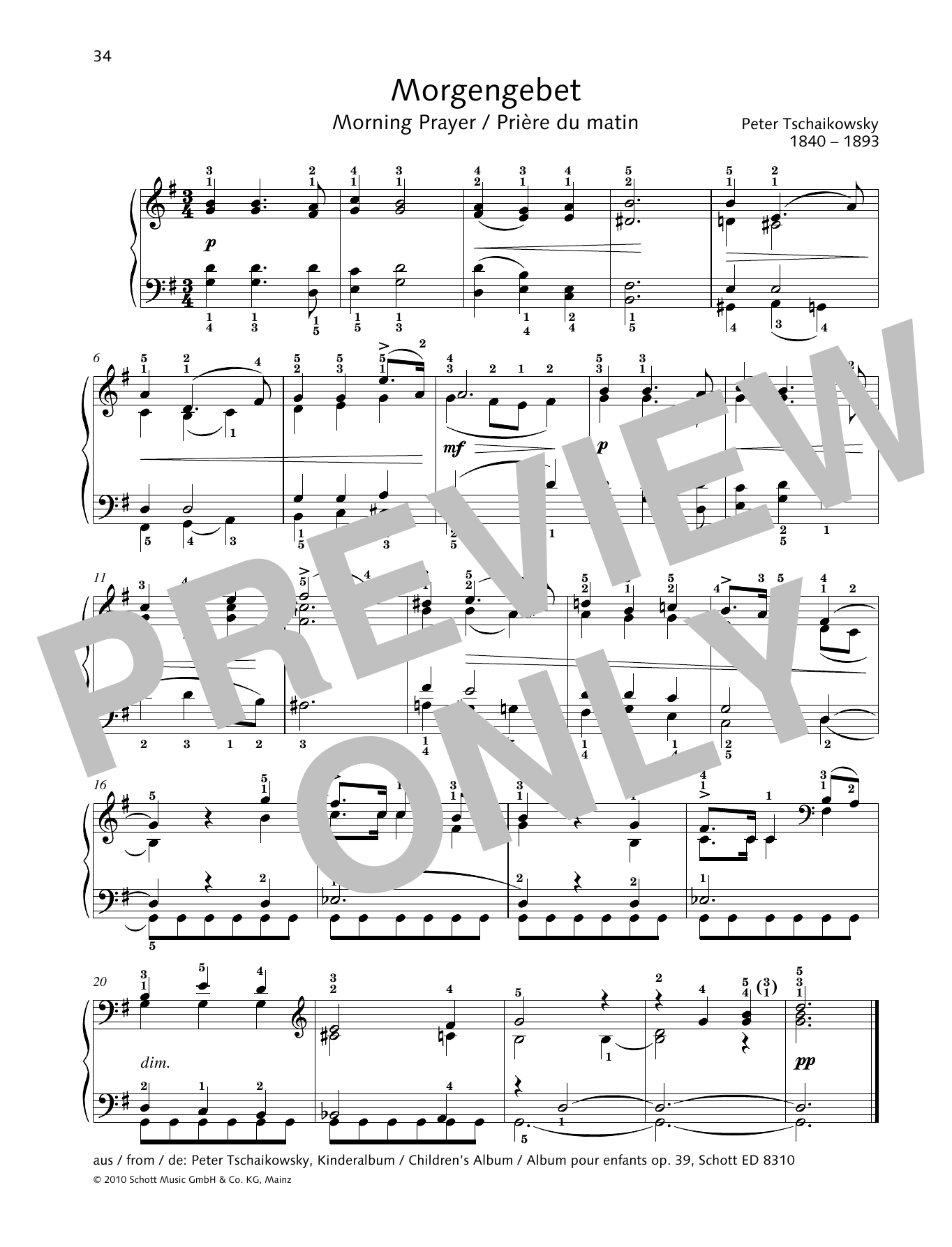 Pyotr Il'yich Tchaikovsky Morning Prayer Sheet Music Notes & Chords for Piano Solo - Download or Print PDF