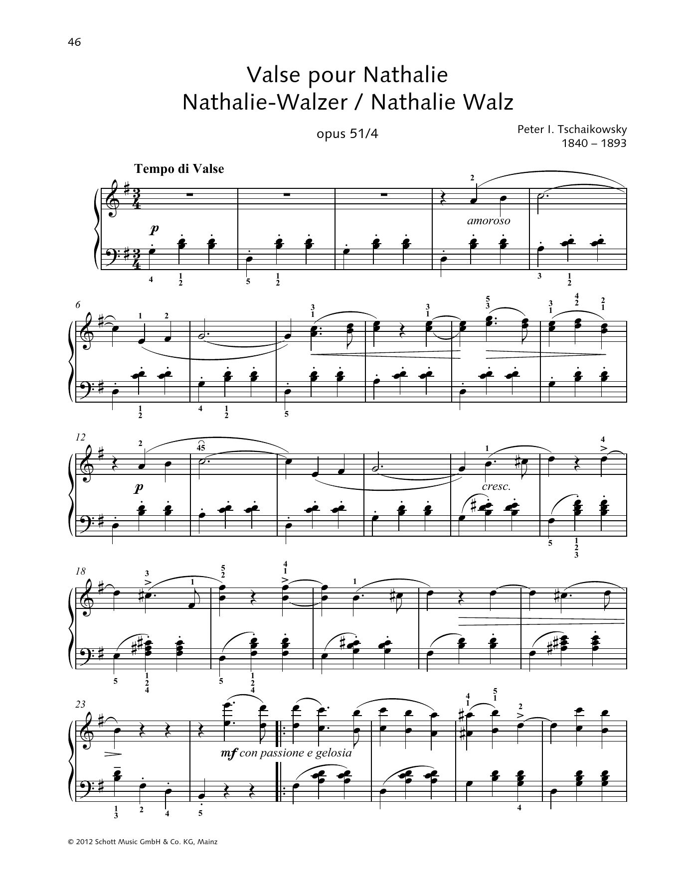 Pyotr Il'yich Tchaikovsky Nathalie Waltz Sheet Music Notes & Chords for Piano Solo - Download or Print PDF
