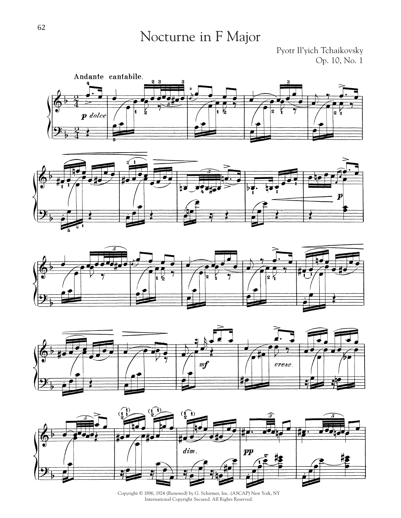 Pyotr Il'yich Tchaikovsky Nocturne, Op. 10, No. 1 Sheet Music Notes & Chords for Piano Solo - Download or Print PDF
