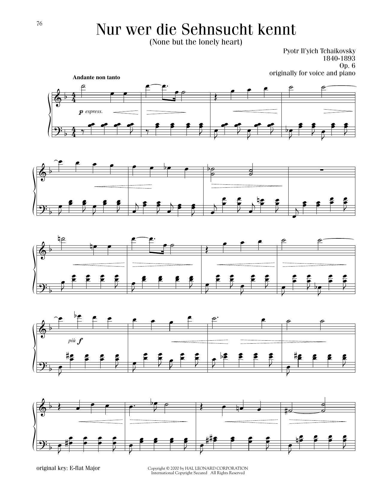 Pyotr Il'yich Tchaikovsky None But The Lonely Heart (Nur Wer Die Sehnsucht Kennt), Op. 6 Sheet Music Notes & Chords for Piano Solo - Download or Print PDF