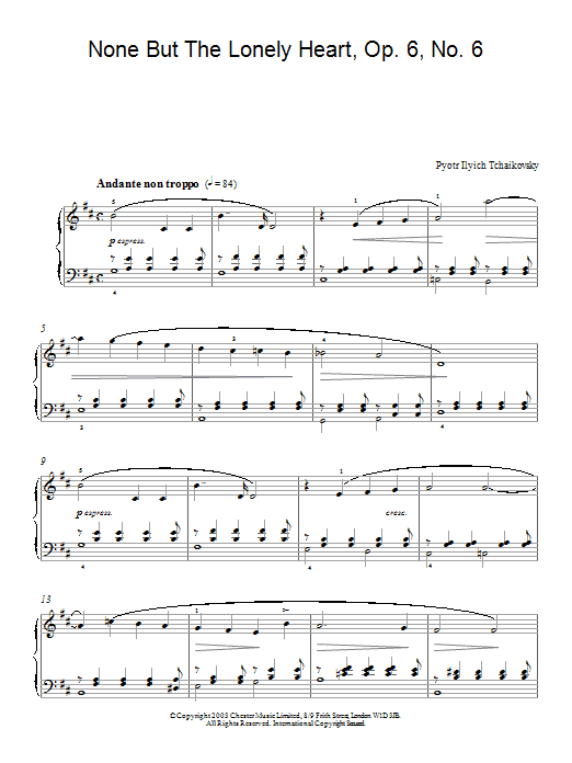 Pyotr Il'yich Tchaikovsky None But The Lonely Heart, Op. 6, No. 6 Sheet Music Notes & Chords for Piano - Download or Print PDF