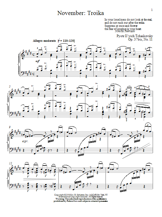 Pyotr Il'yich Tchaikovsky November: Troika Sheet Music Notes & Chords for Piano - Download or Print PDF