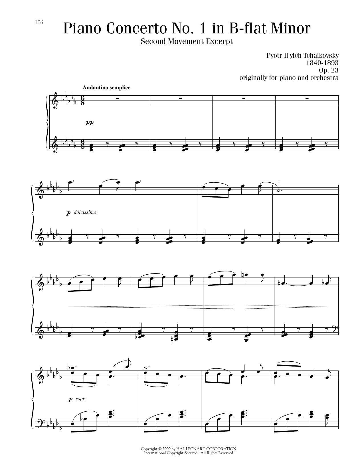 Pyotr Il'yich Tchaikovsky Piano Concerto No. 1 In B-Flat Minor, Op. 23, Second Movement Excerpt Sheet Music Notes & Chords for Piano Solo - Download or Print PDF